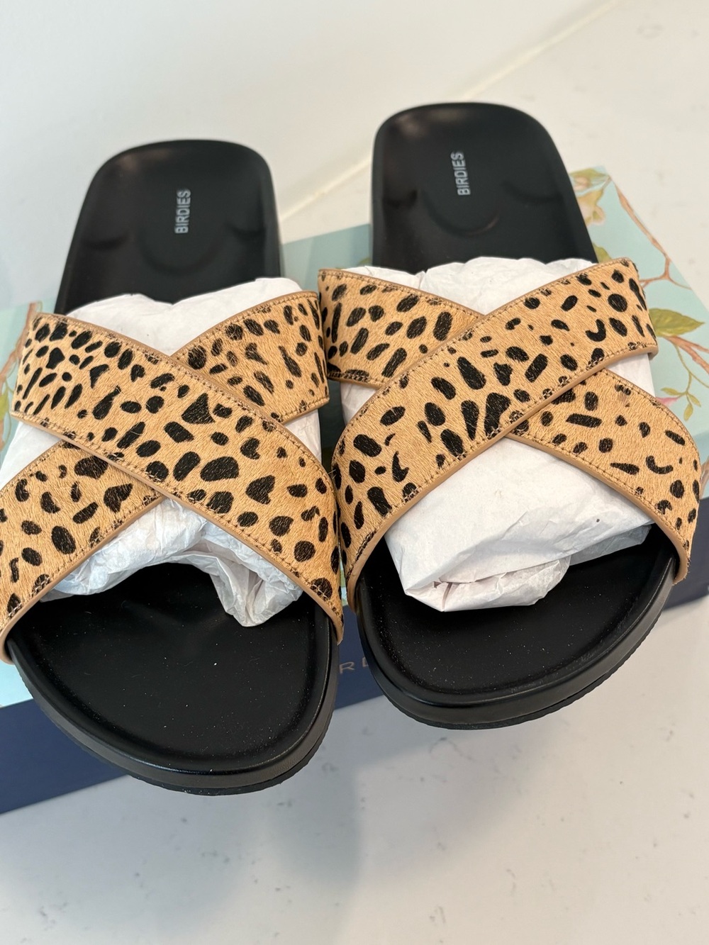 Birdies The Robin - Leopard-Print Crisscross Slide Sandals in Tan and Black